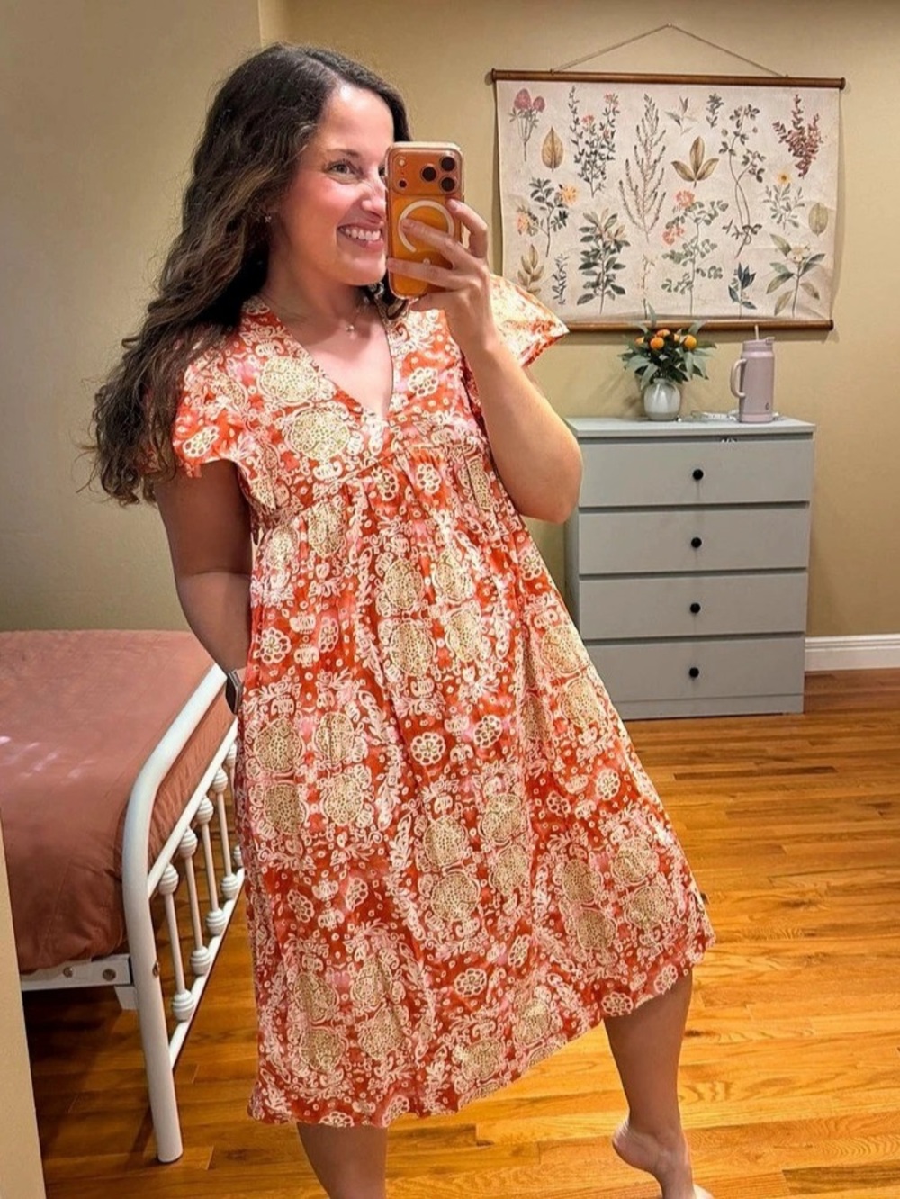 Anthropologie Maeve Printed Flutter-Sleeve Babydoll Dress Orange White Size XS